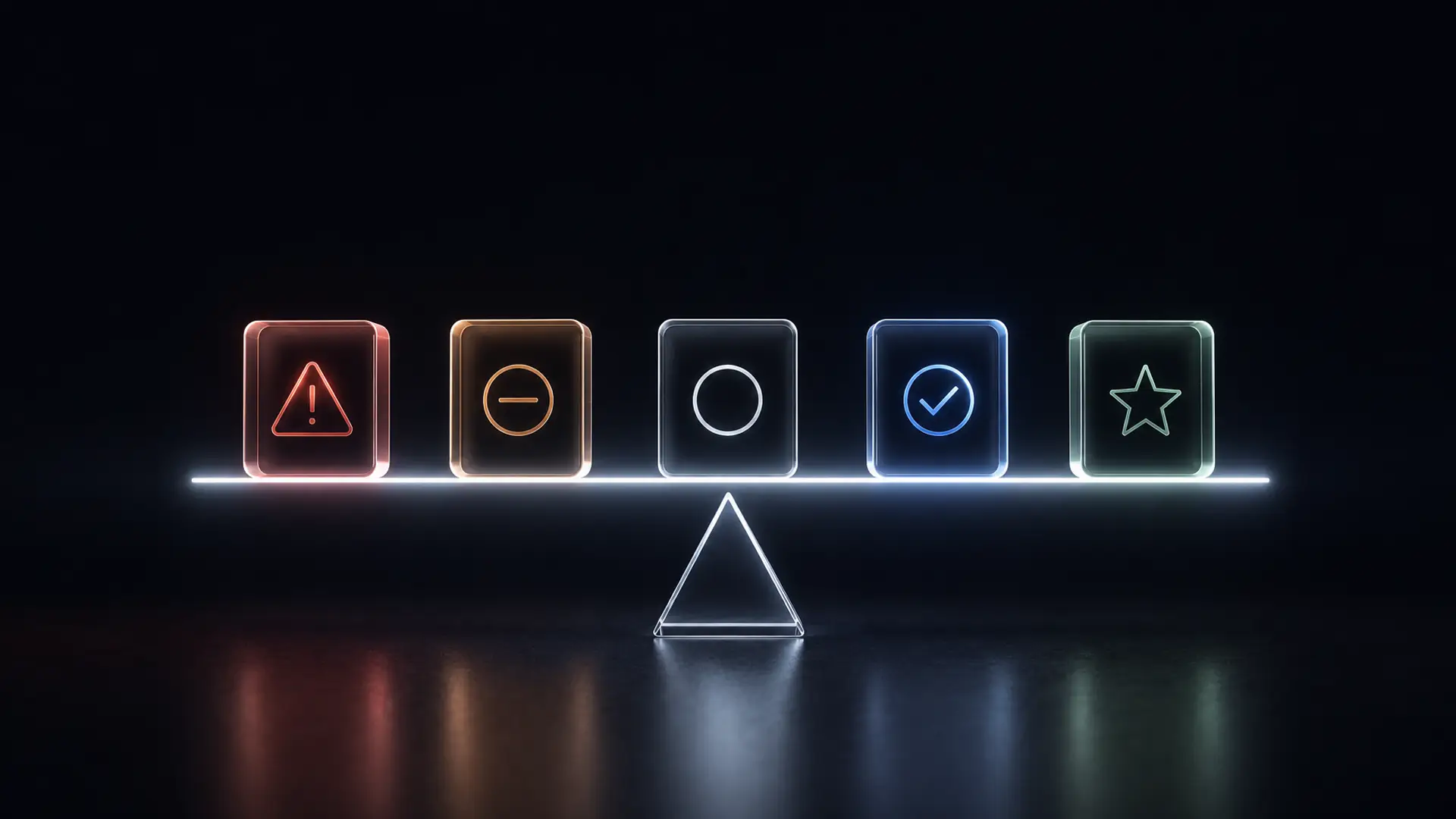 Five glowing cards balanced along a lit beam on a triangular fulcrum, running from a red warning symbol at one end to a green star at the other
