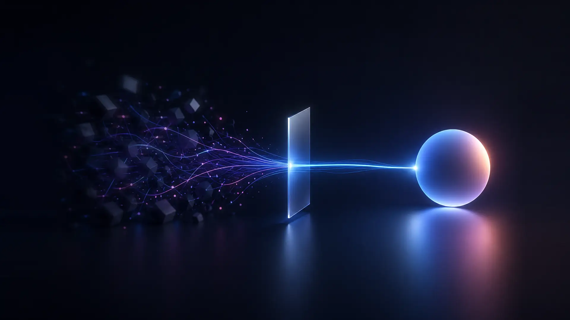 A scatter of dark cubes and coloured filaments funnelling through a narrow lit aperture and resolving into a single smooth glowing sphere