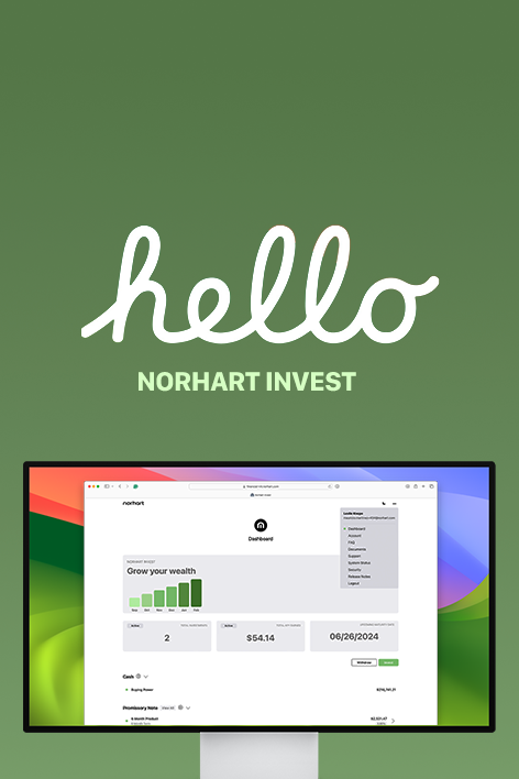 Norhart Invest investment platform interface featuring elegant financial data visualization and intuitive user experience design for $70M+ capital flow management